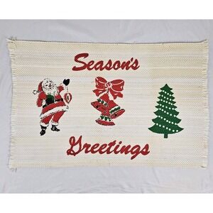 Vintage Retro Christmas Rug Mat Santa Seasons Greetings Decor Woven MCM
